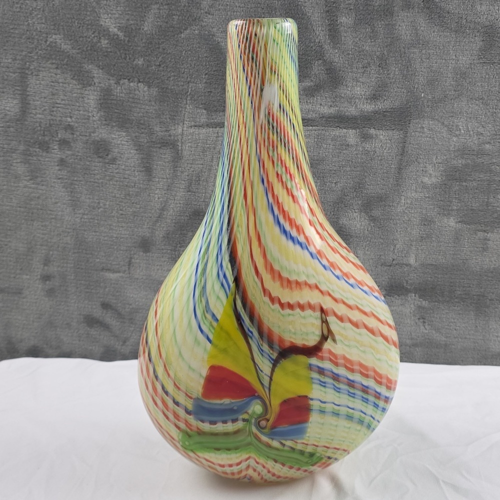 Vintage Murano Style Mid Century Vase Bright Color Lg Swirled Hand blown Glass - Picture 3 of 9